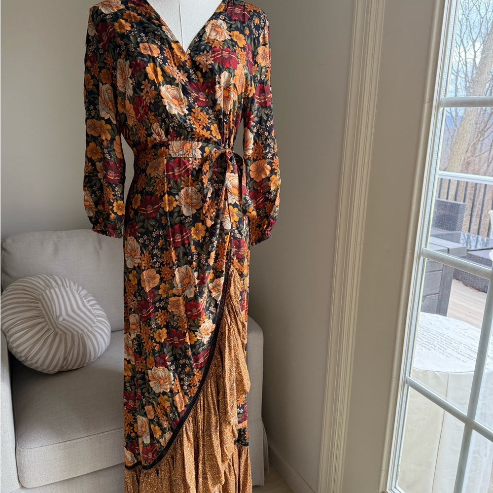 Farm Rio Floral Wrap Maxi Dress in Black and Mustard